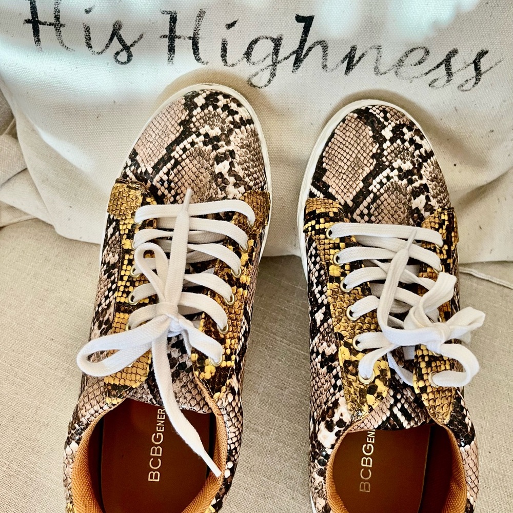 BCBGeneration Gold and Black Snake Print Sneakers